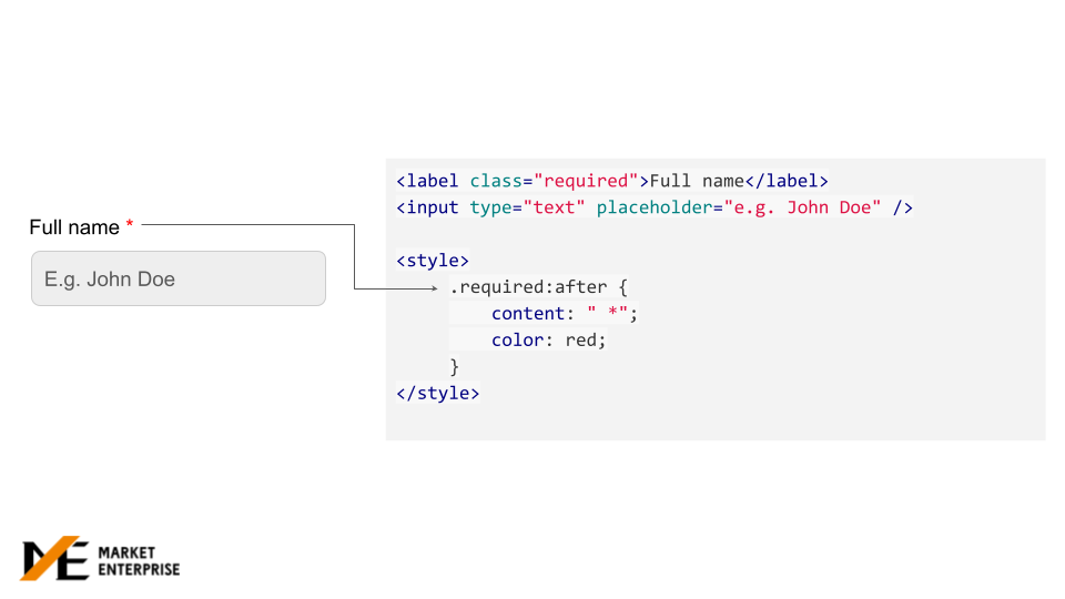 required field css using CSS after selector