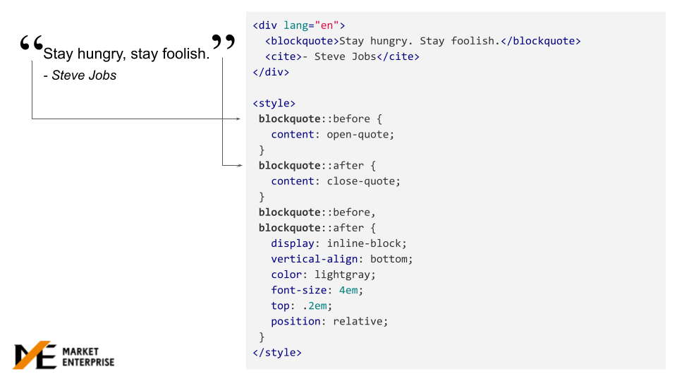 quote using css before after